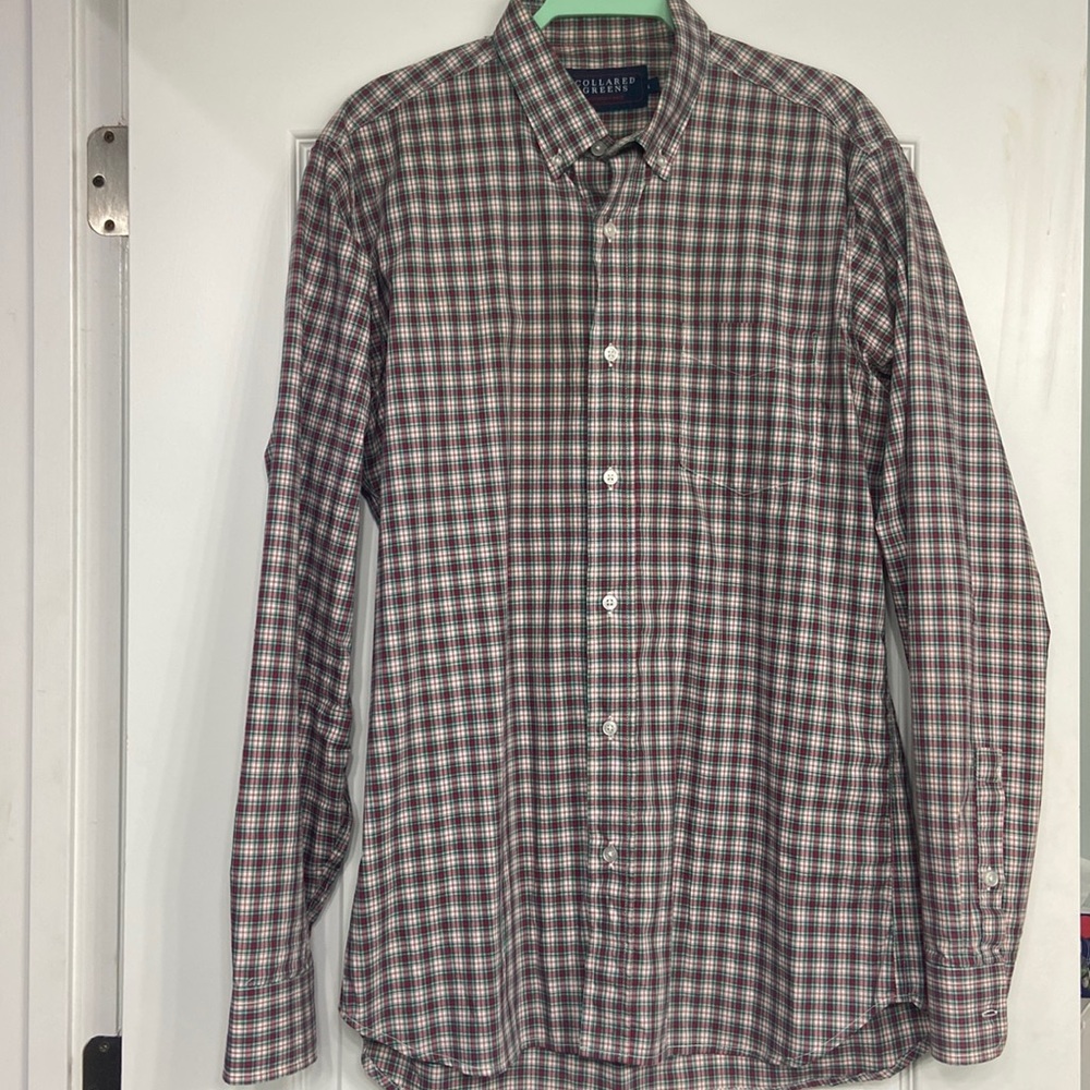 Collared Greens Men’s Dress Shirt Button up Christmas plaid Front Pocket Size L